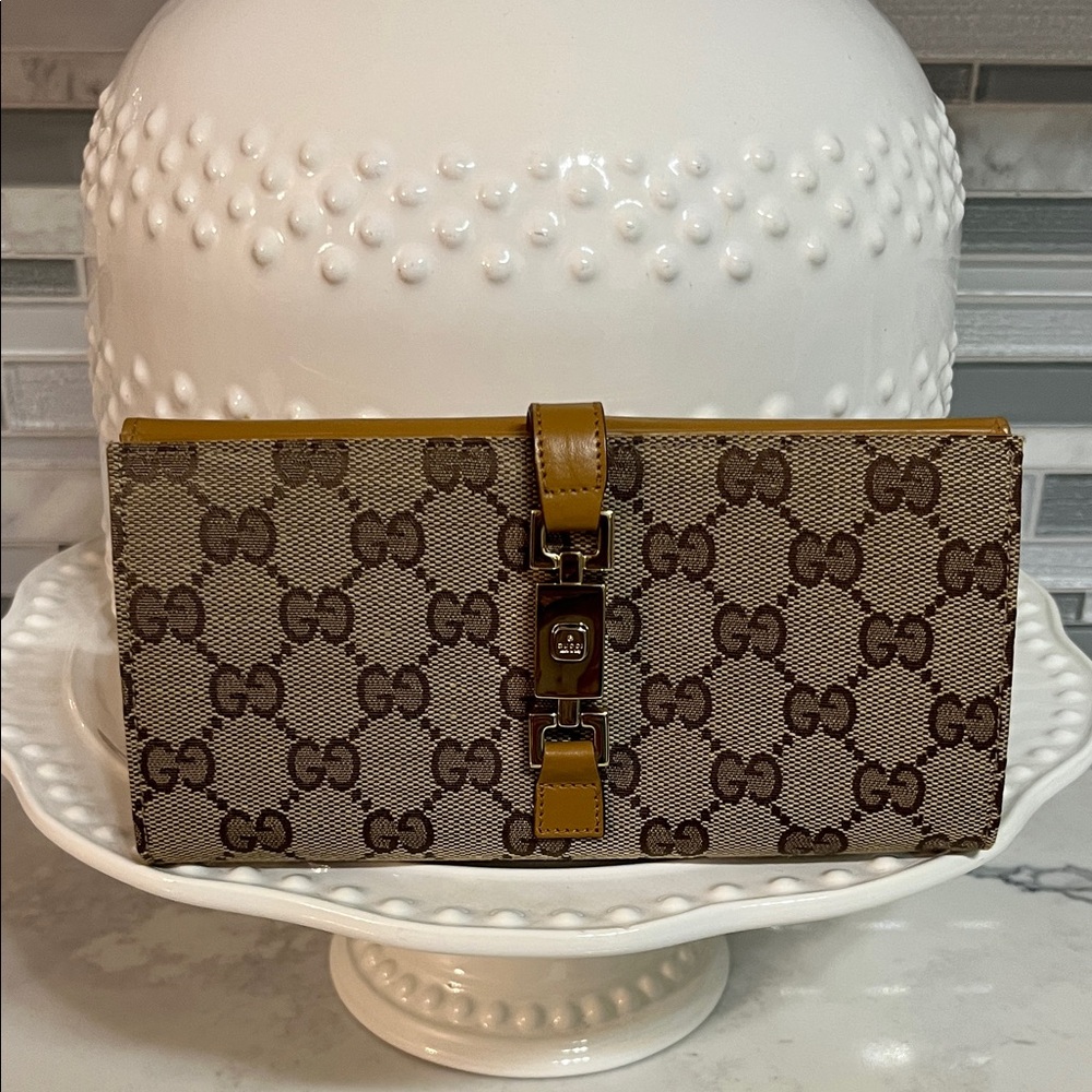 Gucci Beige Brown Monogram Continental Wallet with Mustard Trim